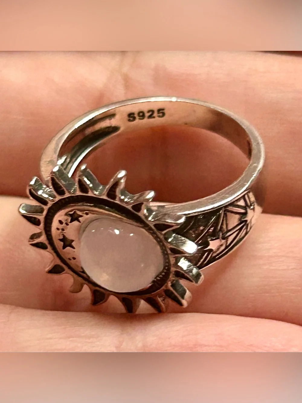 Pink Rose Quartz Crystal S925 Silver Sun Moon Stars Celestial Ring New Jewelry